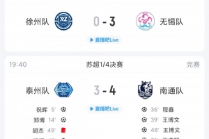 苏超综述：无锡客场3球狂胜徐州，十人泰州坐镇主场3-4不敌南通