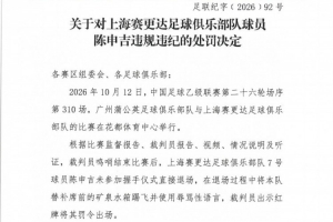 官方：陈申吉未参加握手仪式并用辱骂性语言，停赛2场罚款10